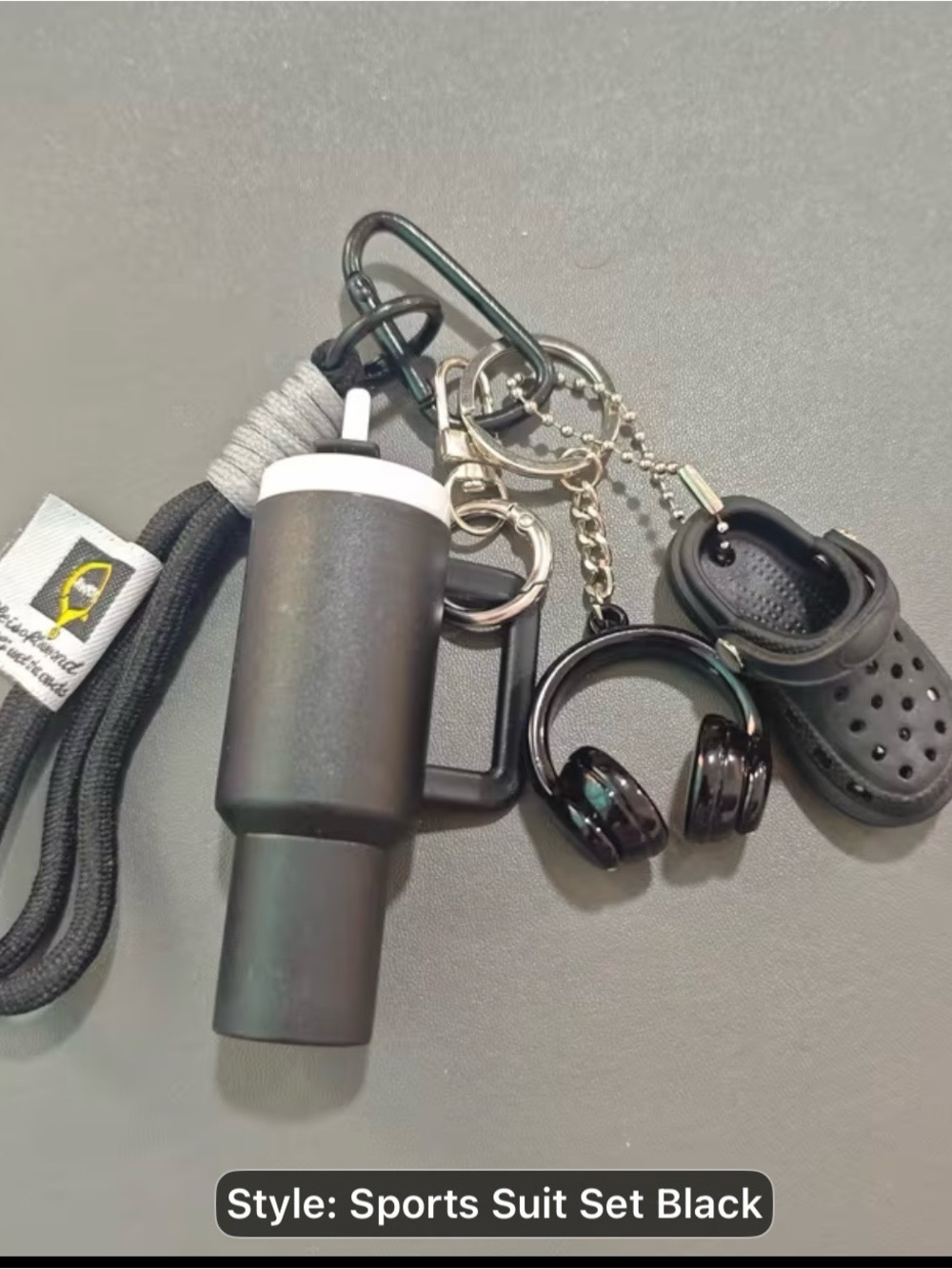 Black Sports-Inspired Key & Charm Set with Mini Headphones and Shoe